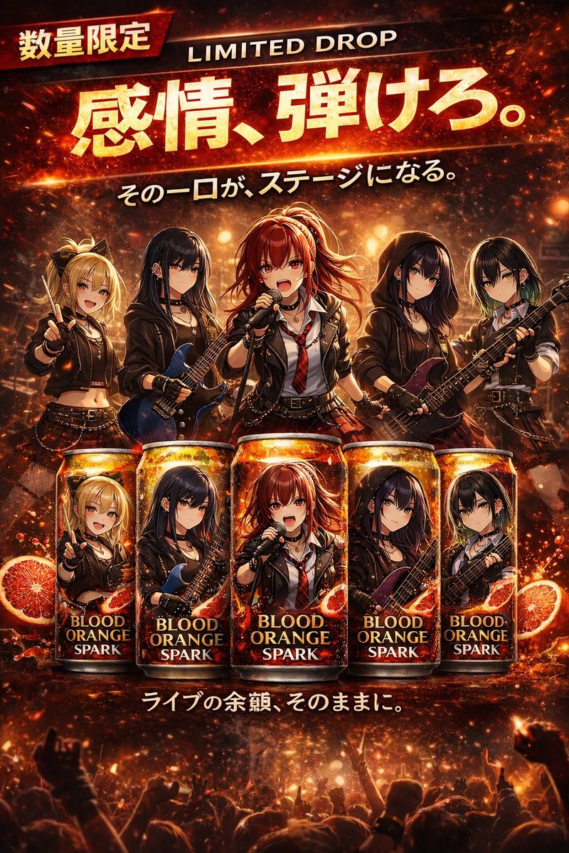 Póster de Colaboración de Bebida de Banda de Rock de Anime