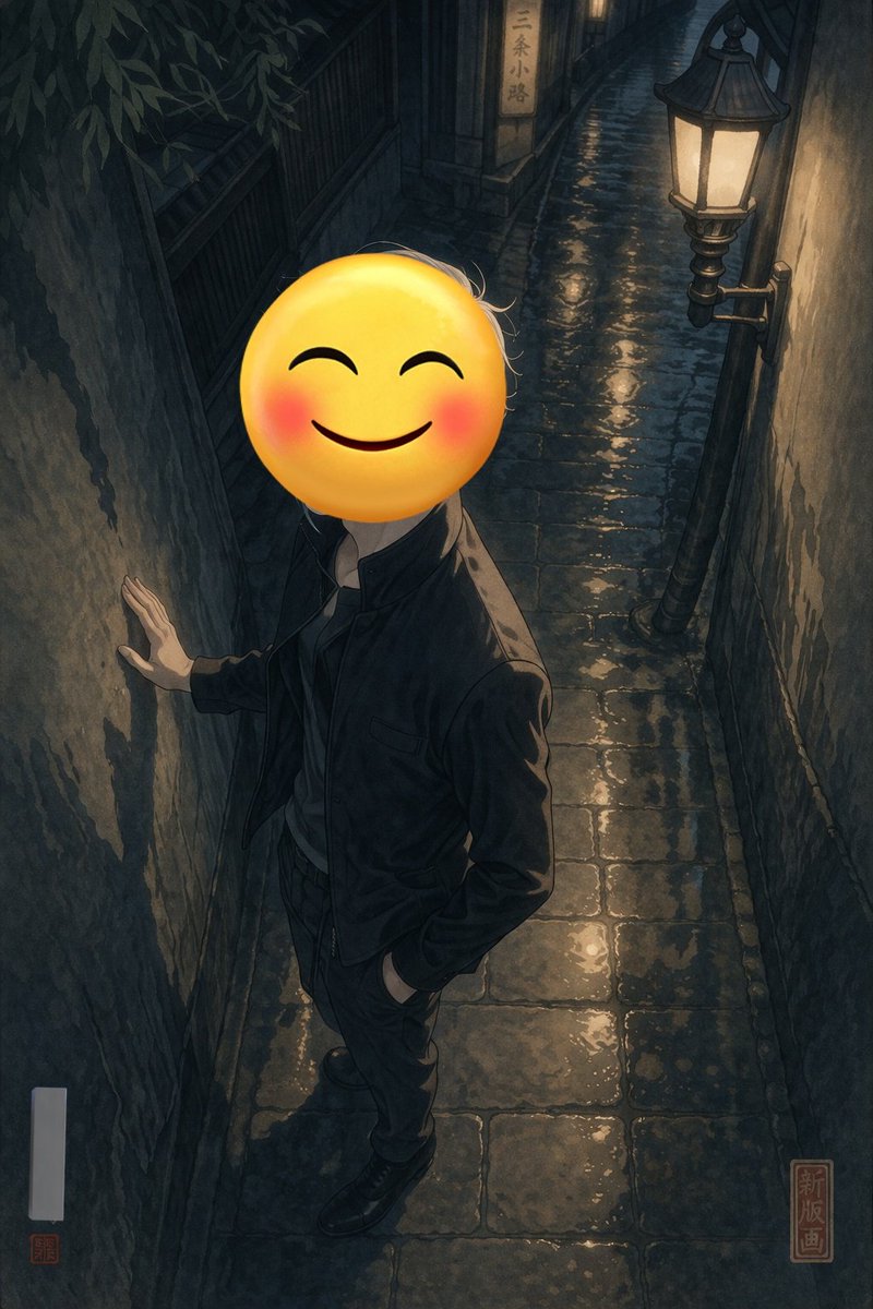 Figura con Faccina Emoji in Vicolo Notturno Bagnato