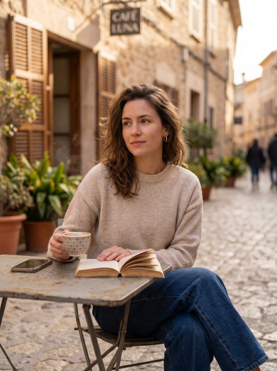 Donna Legge in Caffè Europeo di Strada