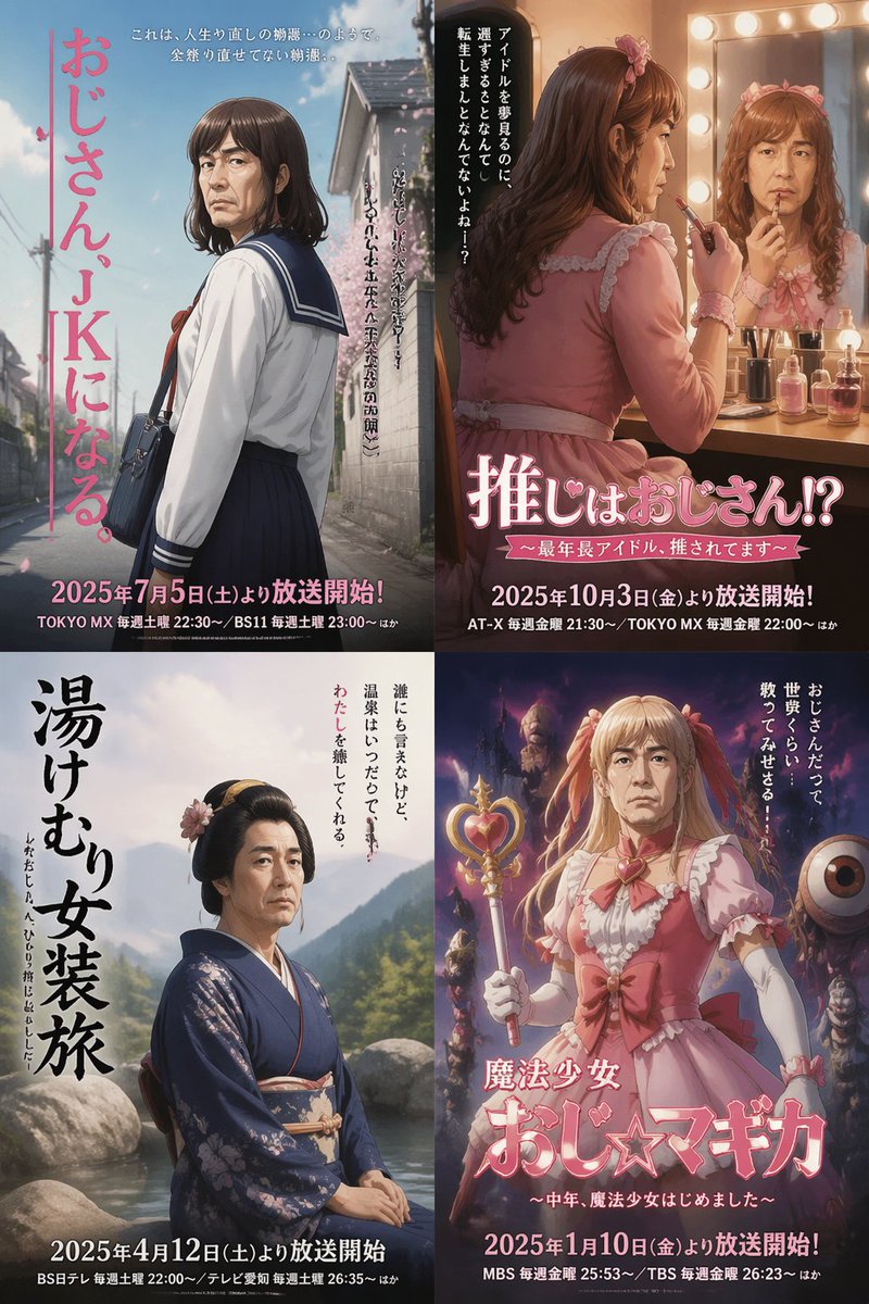 Four Japanese Ojisan Parody Posters