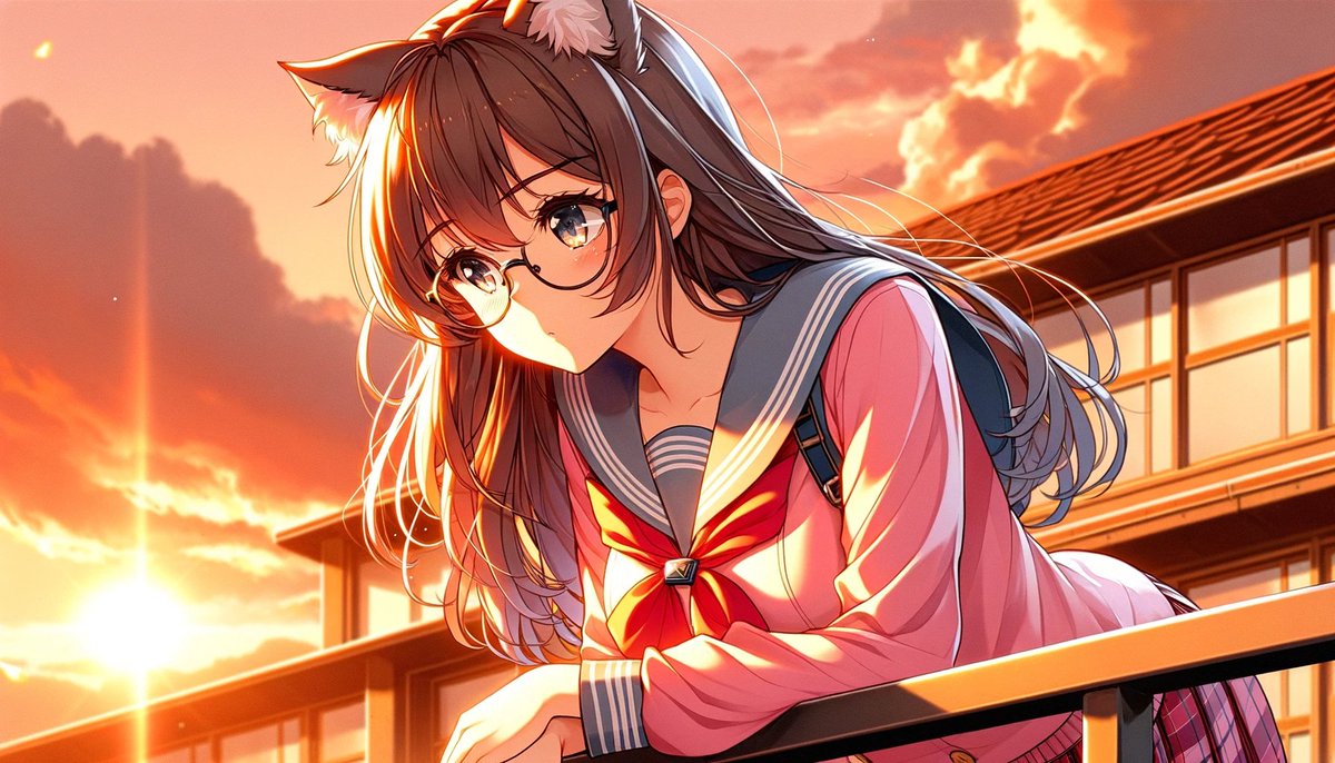 Anime de Gato en Azotea Escolar al Atardecer