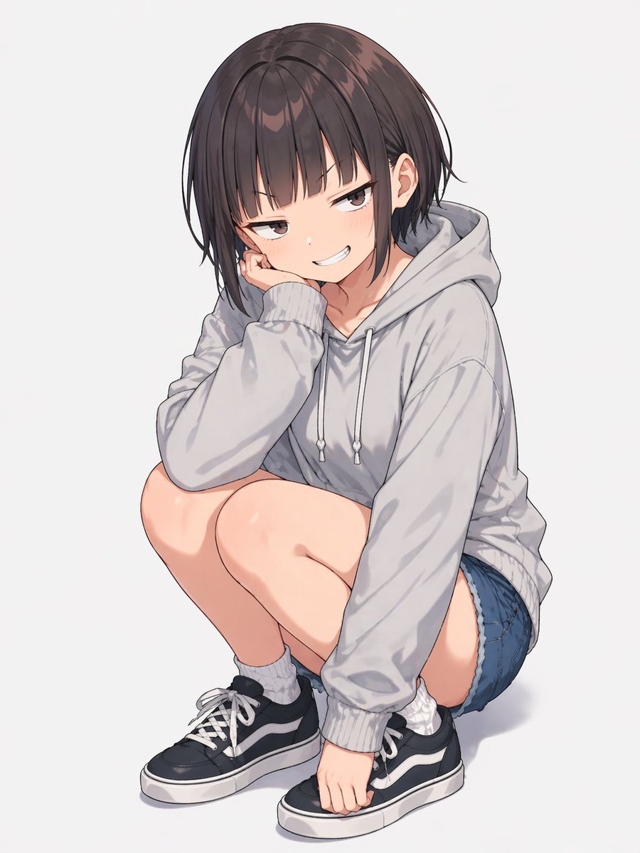 Chica Anime en Cuclillas con Sudadera Oversized
