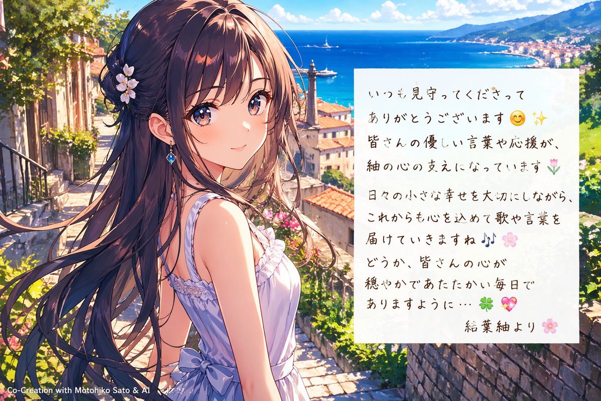 Anime-Mädchen am Meer mit Brief