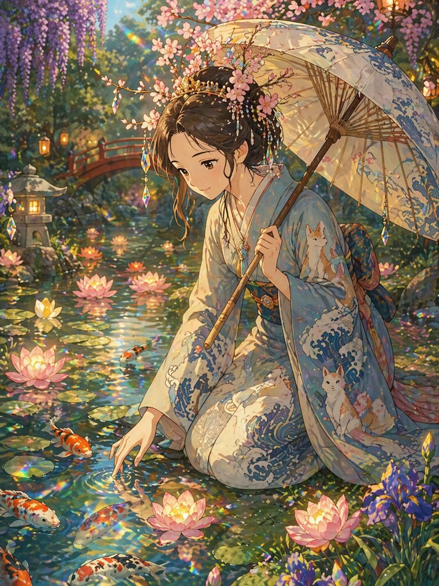 Princesa Estilo Ghibli y Estanque de Koi