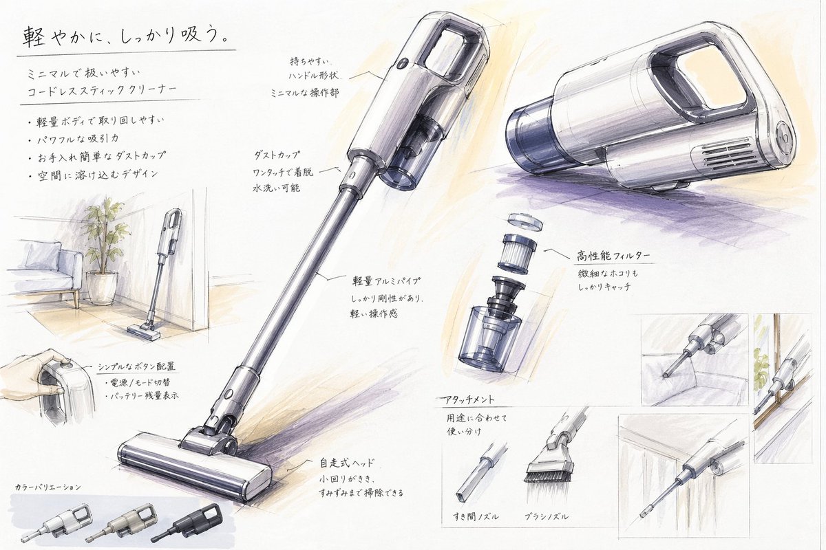 Planche de Croquis de Conception d'Aspirateur Japonais