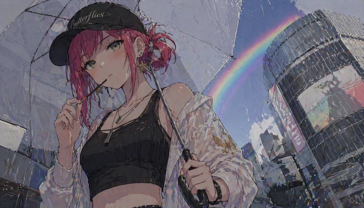 Ragazza Anime con Ombrello e Arcobaleno