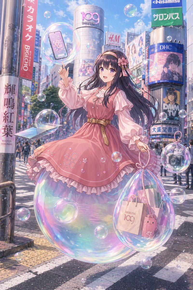 Pastellfarbenes Anime-Mädchen an der Shibuya-Kreuzung