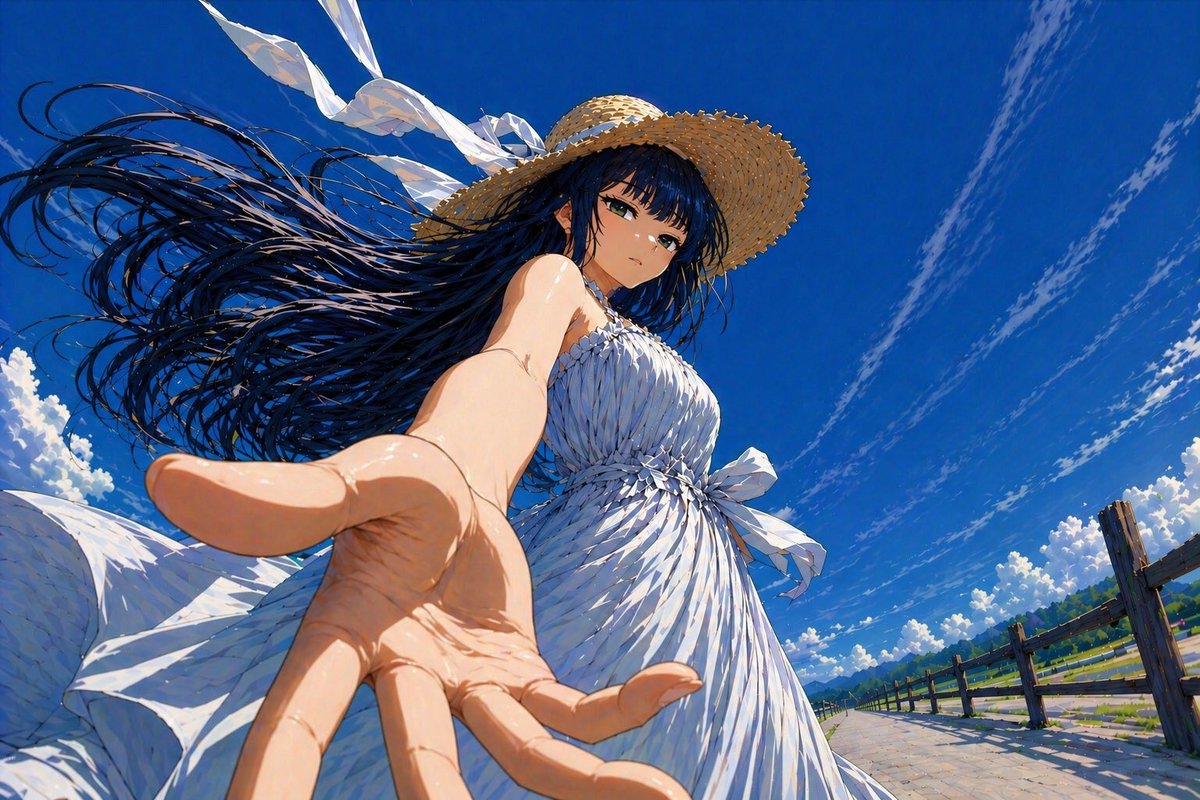 Ilustración de Anime de Bajo Ángulo, Mano Extendida en Verano