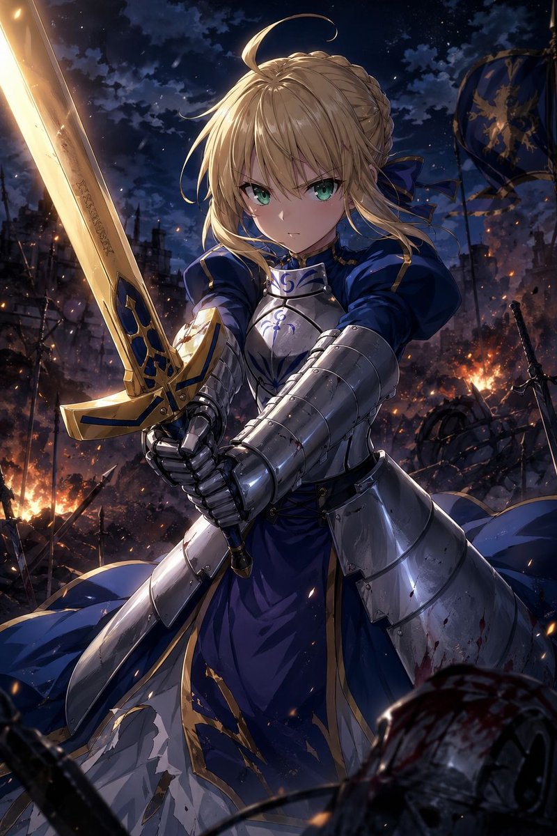 Anime Ritterkönig auf brennendem Schlachtfeld