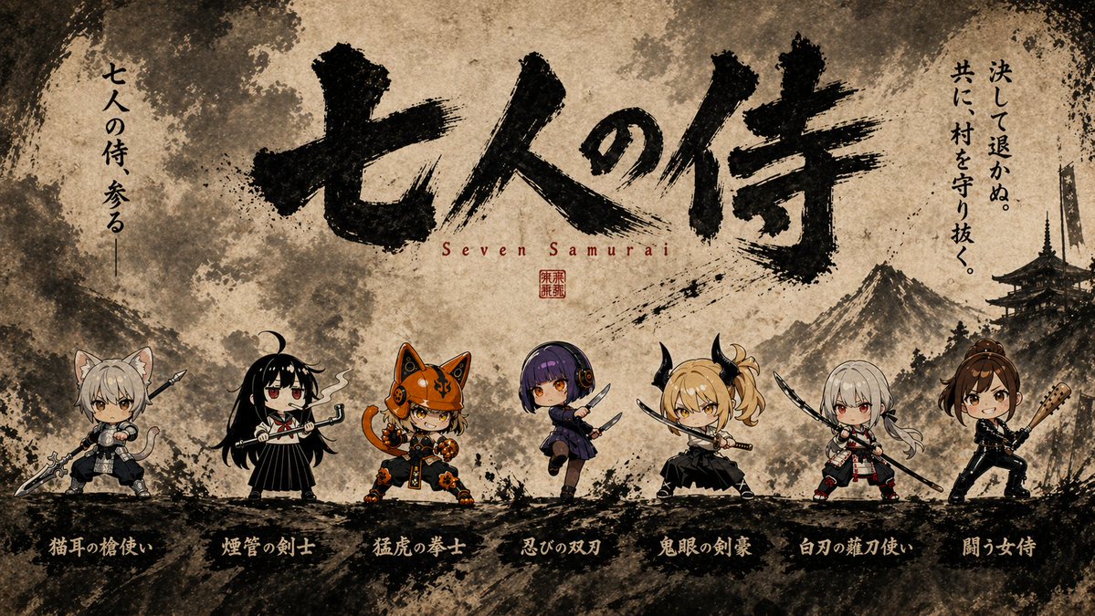 Poster Inchiostro Sette Samurai Chibi