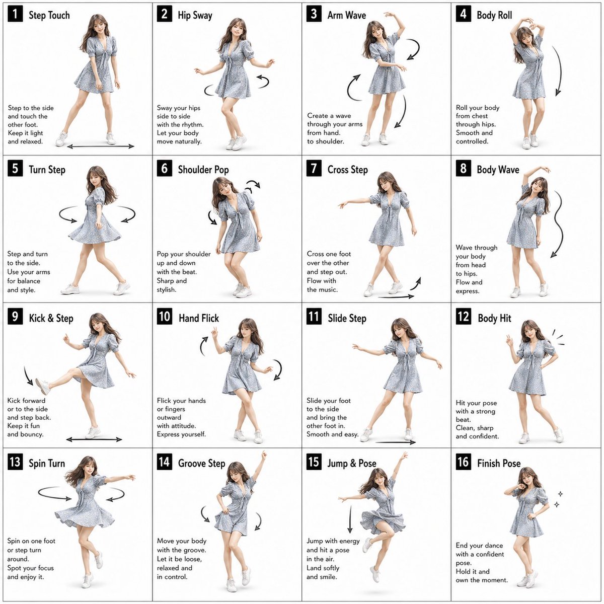 Hoja de Instrucciones de 16 Posiciones de Danza