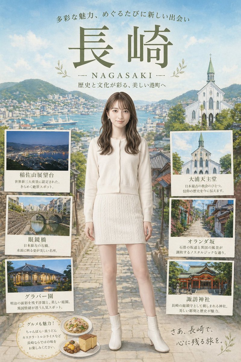 Poster Turistico Nagasaki con Donna Centrale