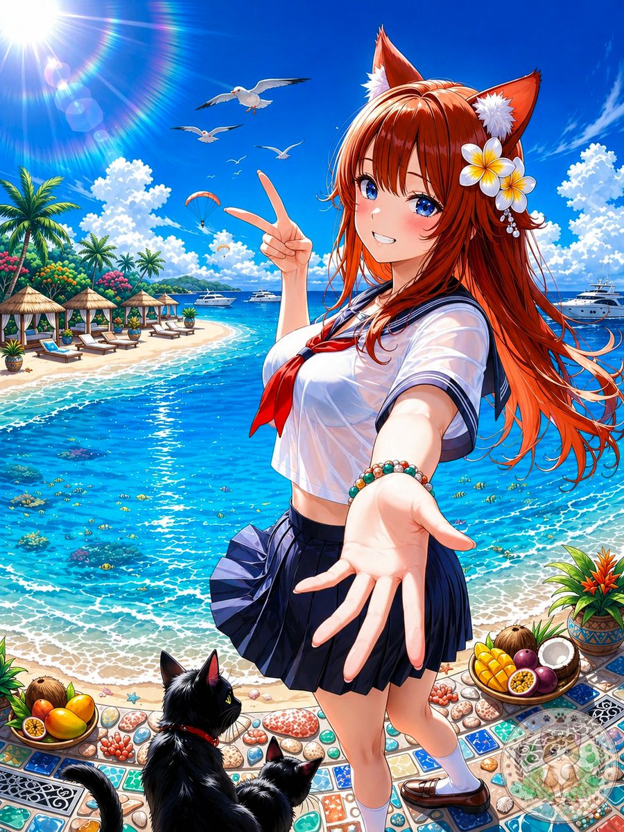 Gadis Rubah Anime di Pantai Tropis