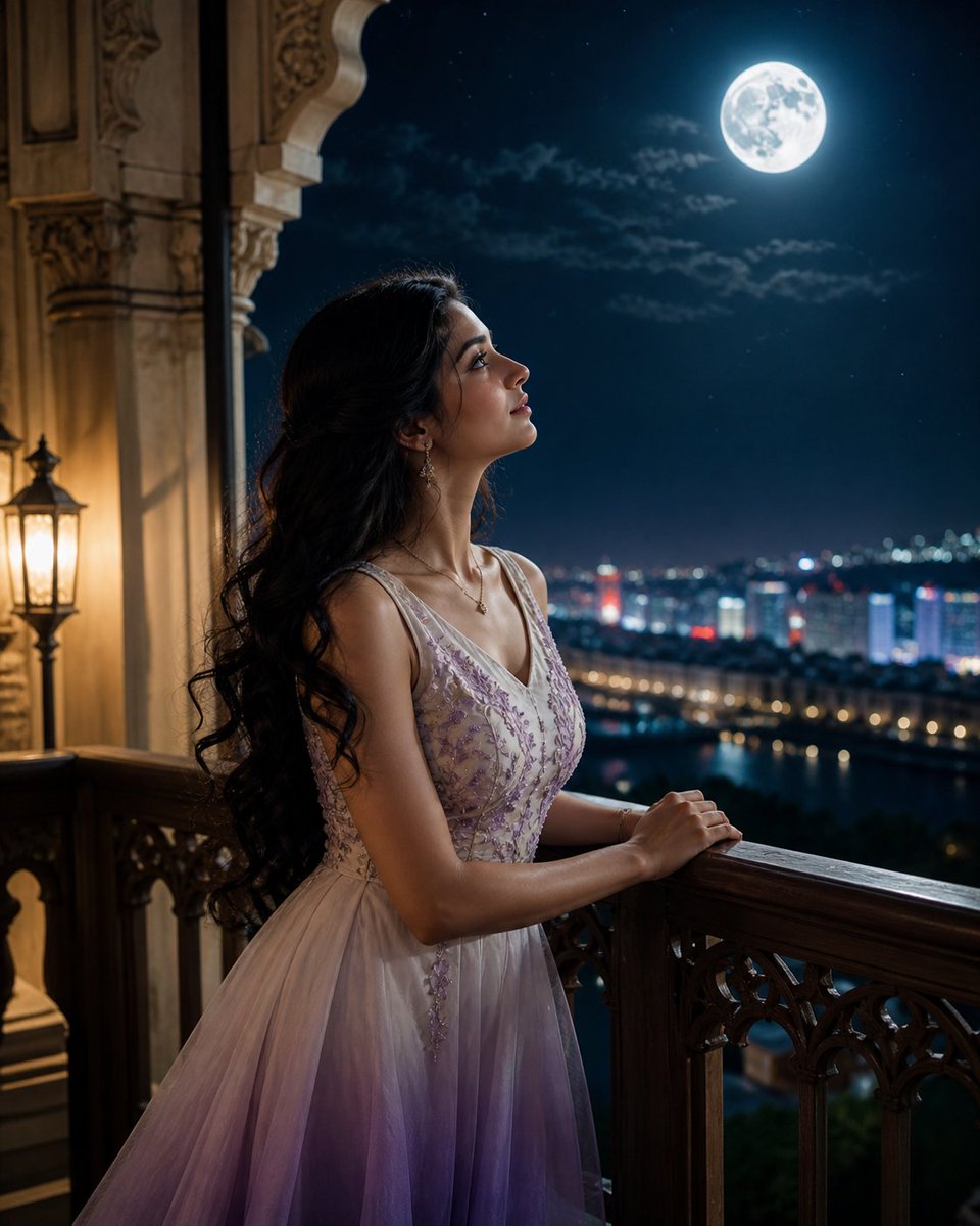 Ay Işığında Hint Kadını Balkon Portresi
