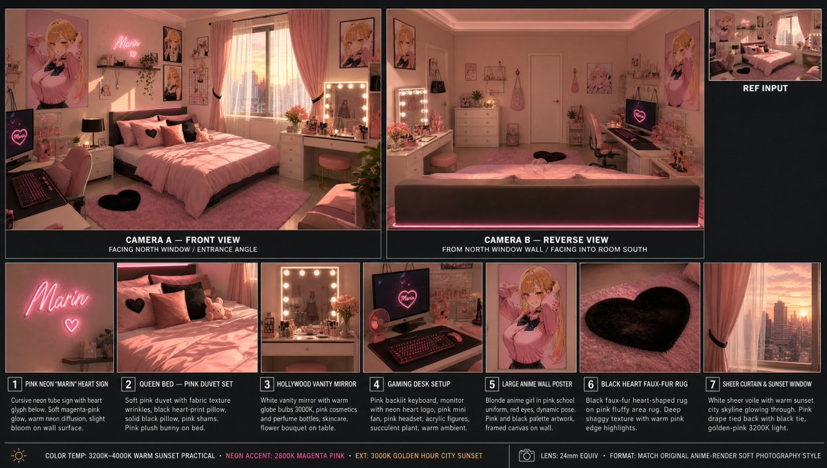 Tablero espacial de dormitorio de anime rosa