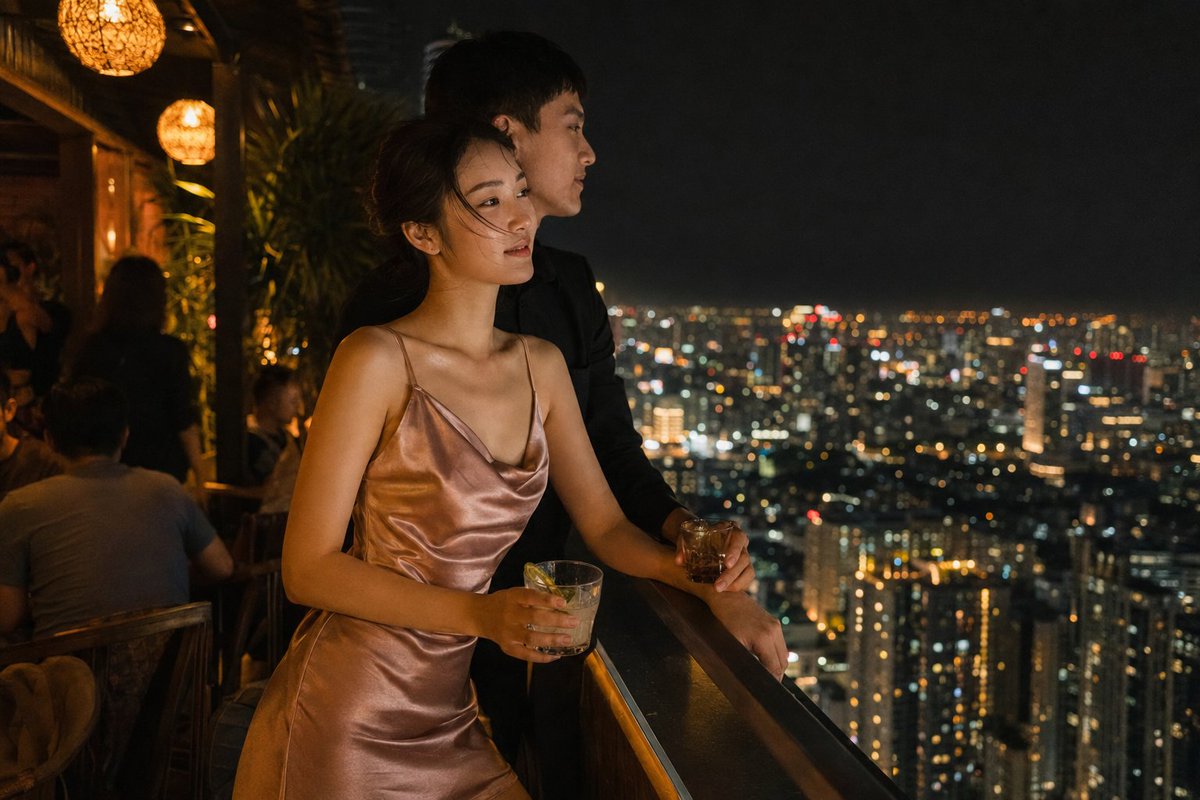 Rooftop Bar Night Cityscape Couple (1/2)