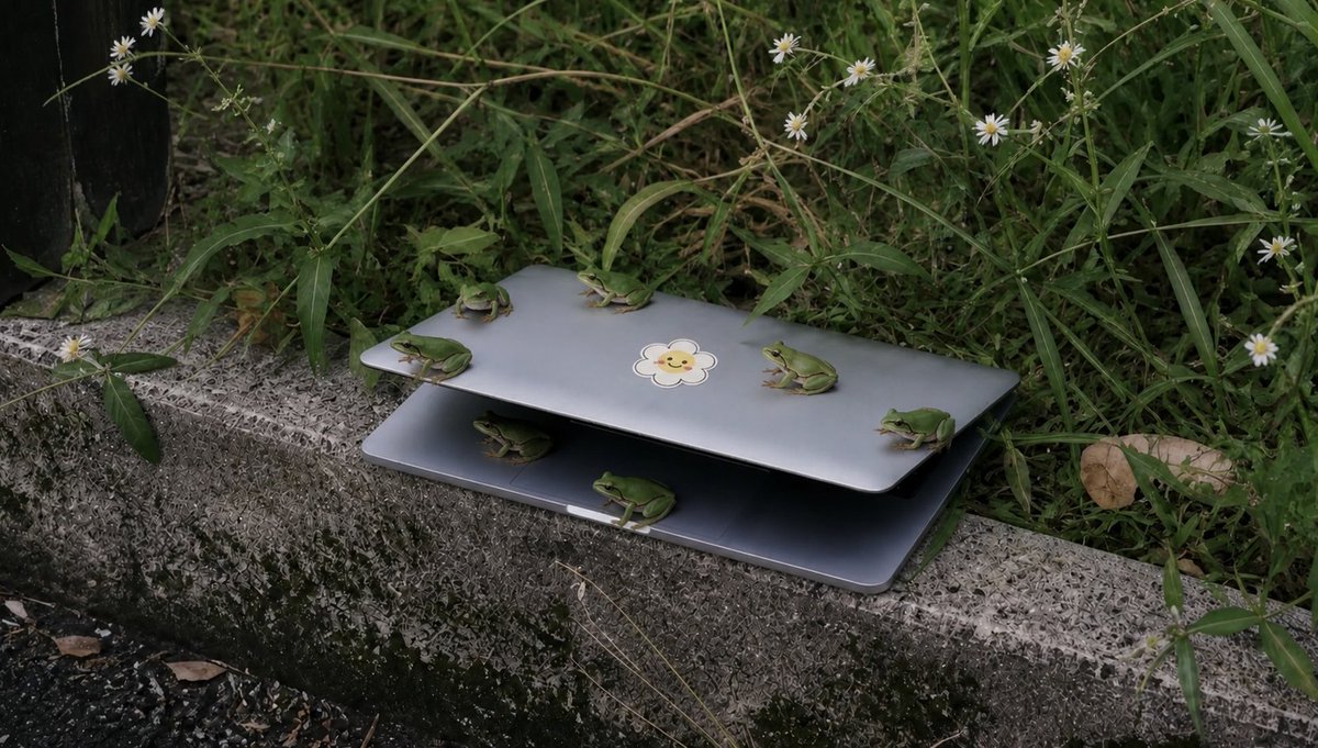 Frogs on a Laptop in Wild Grass (1/2)