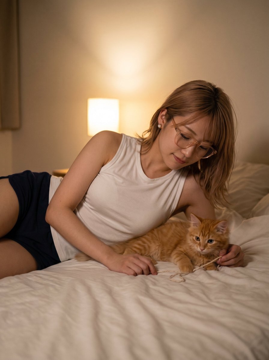 Cozy Bedroom Woman with Orange Kitten (1/2)