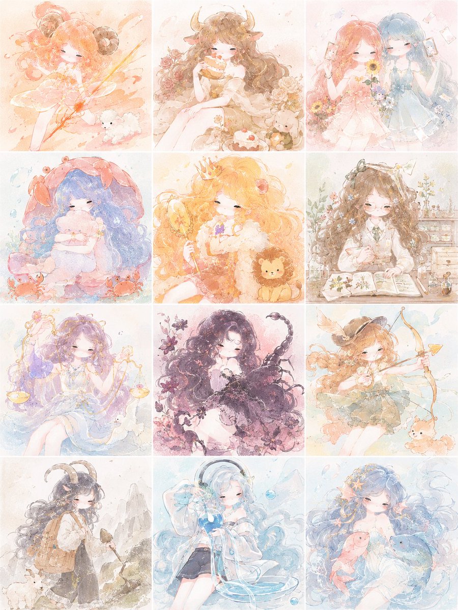 Cuadrícula de Chicas Zodiacales Pastel (1/2)