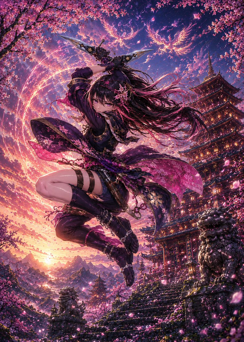 Sakura Ninja bei Sonnenuntergang Tempel