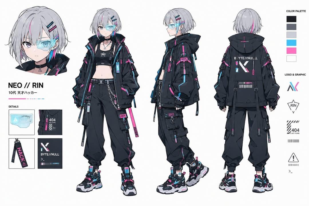Hoja de Diseño de Personaje Hacker Cyberpunk (1/3)
