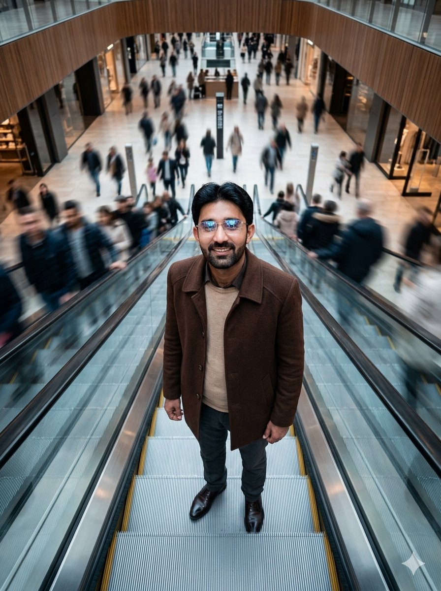 Portrait en escalator de centre commercial vu de dessus