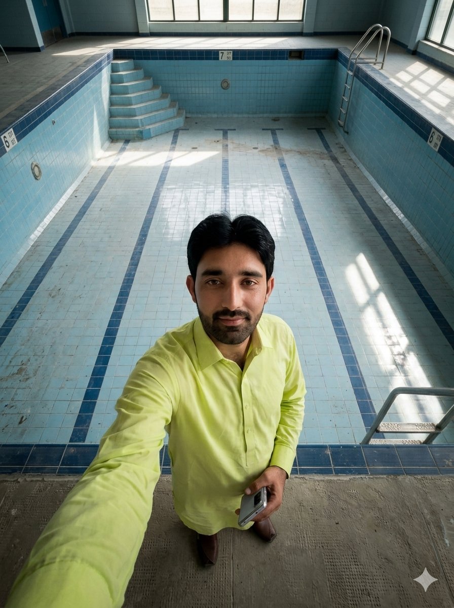 Selfie vu de dessus dans une piscine intérieure vide