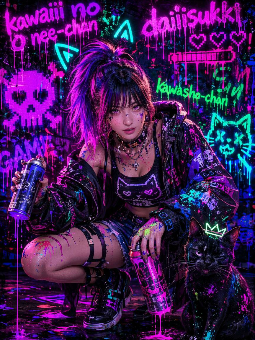 Neon-Punk-Graffiti-Mädchen und Katze