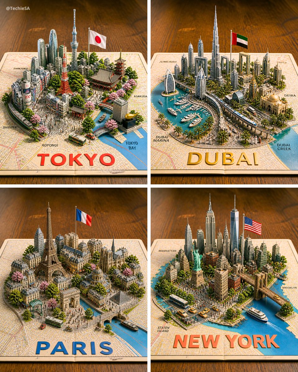 Dört 3D Minyatür Şehir Haritası