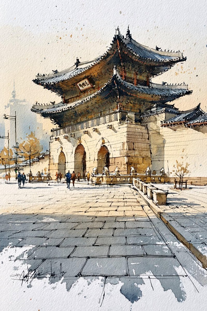 Korean Hanok Watercolor Sketch (1/3)