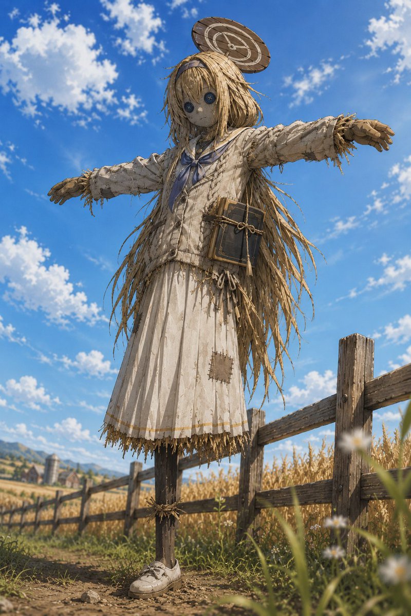 Espantapájaros de Colegiala de Anime en Campo Rural
