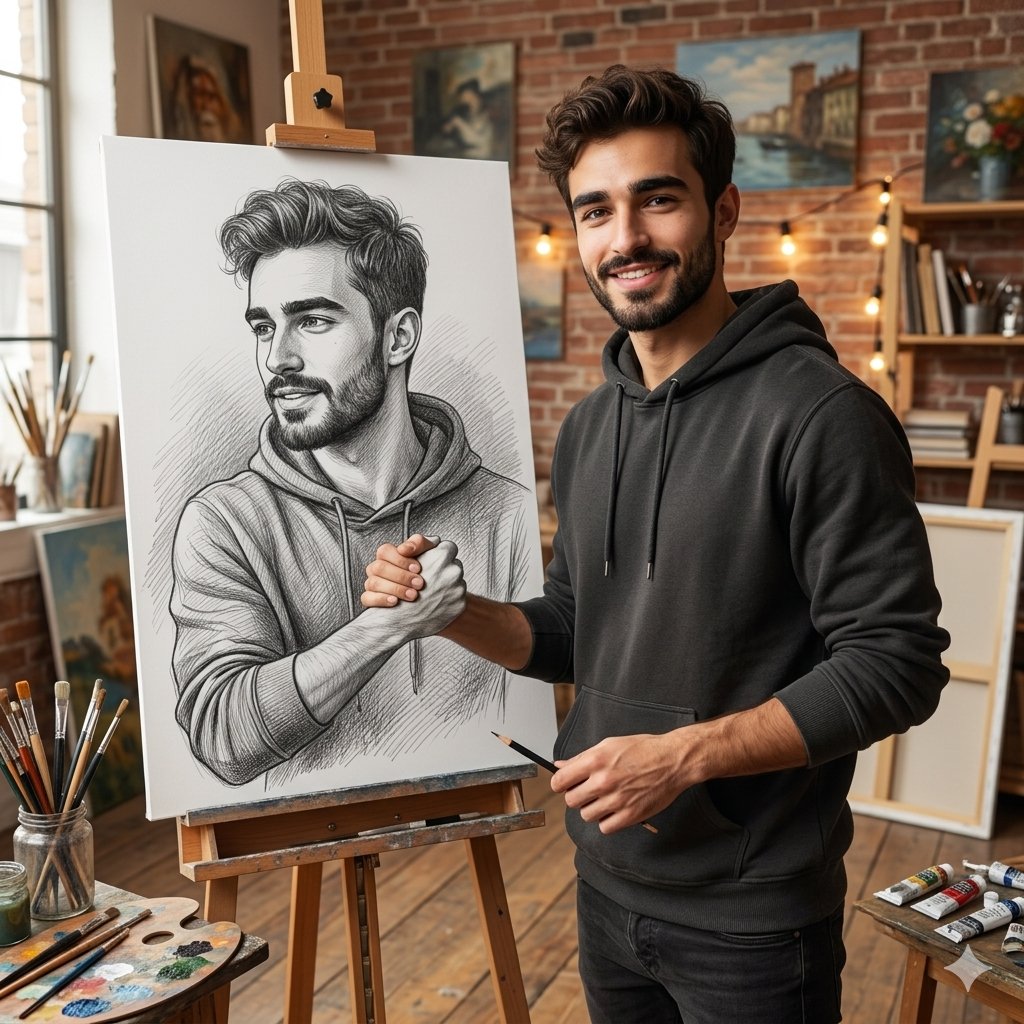 Realistische Künstlerstudio-Skizzen-Interaktion