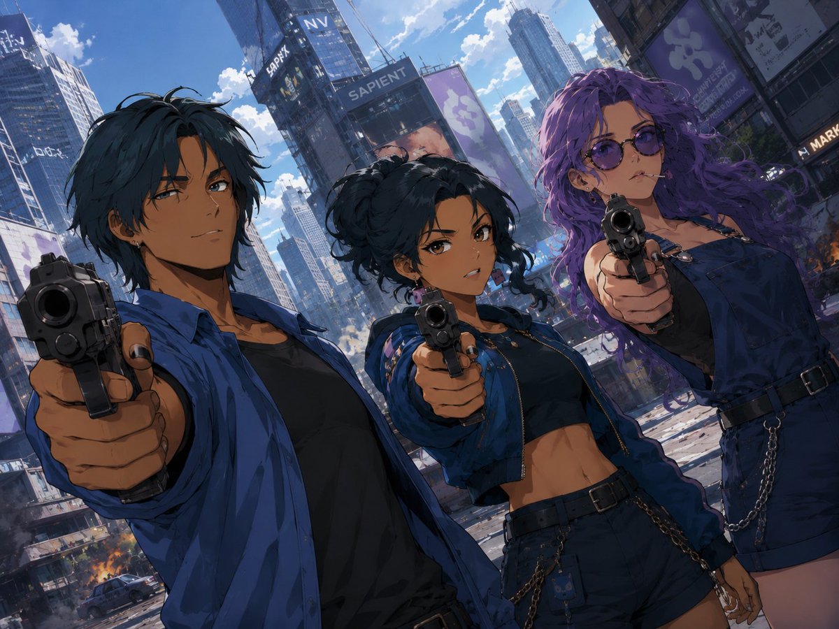 Scena Cyberpunk Trio a Punta di Pistola