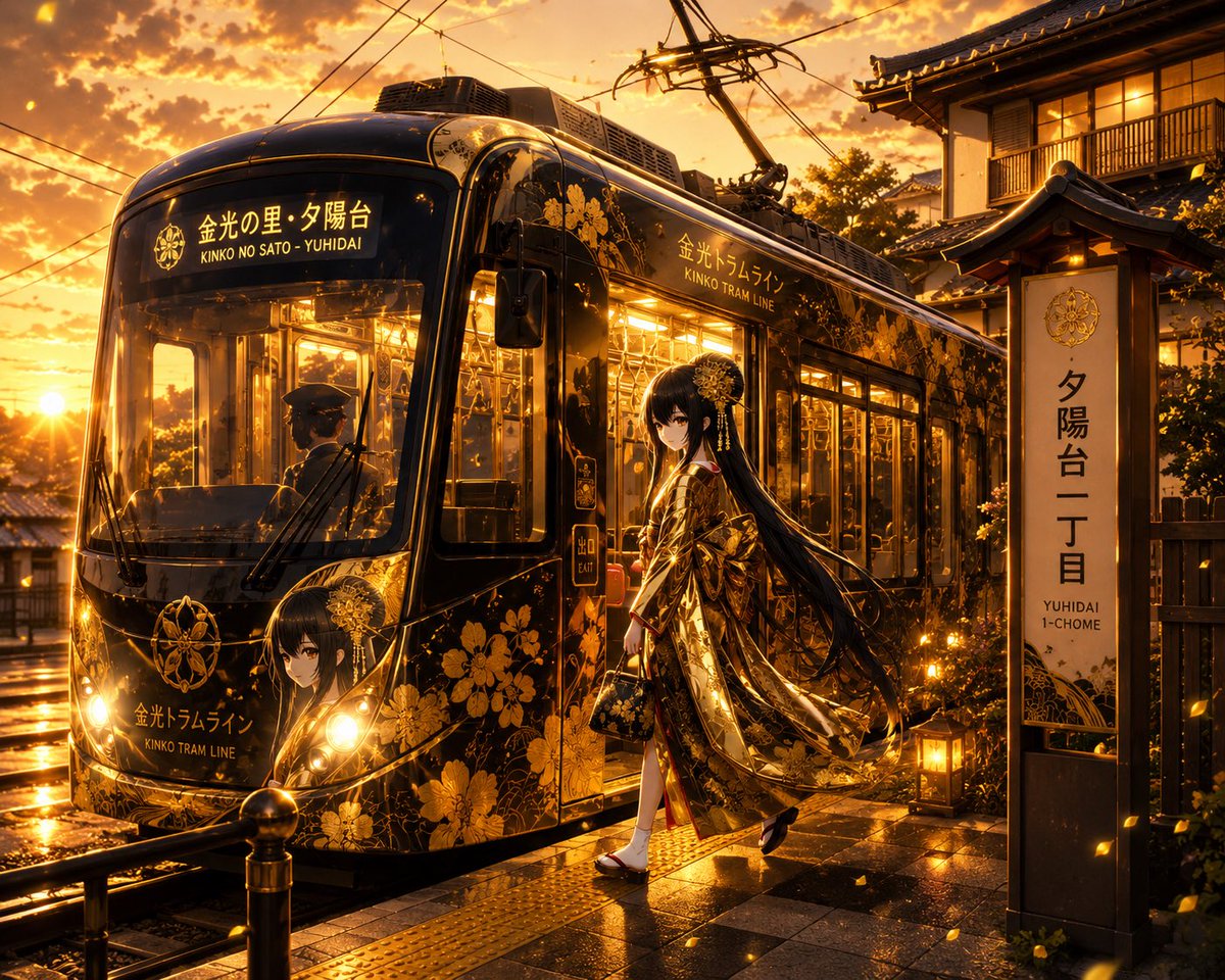 Tranvía de anime dorado al atardecer