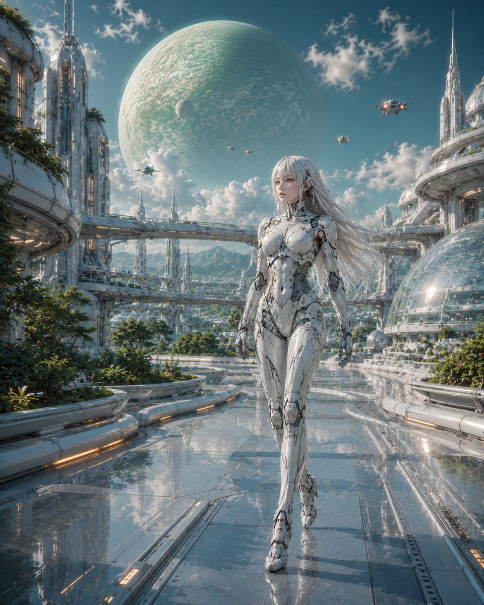 Androide Femminile in Città Spaziale Futuristica