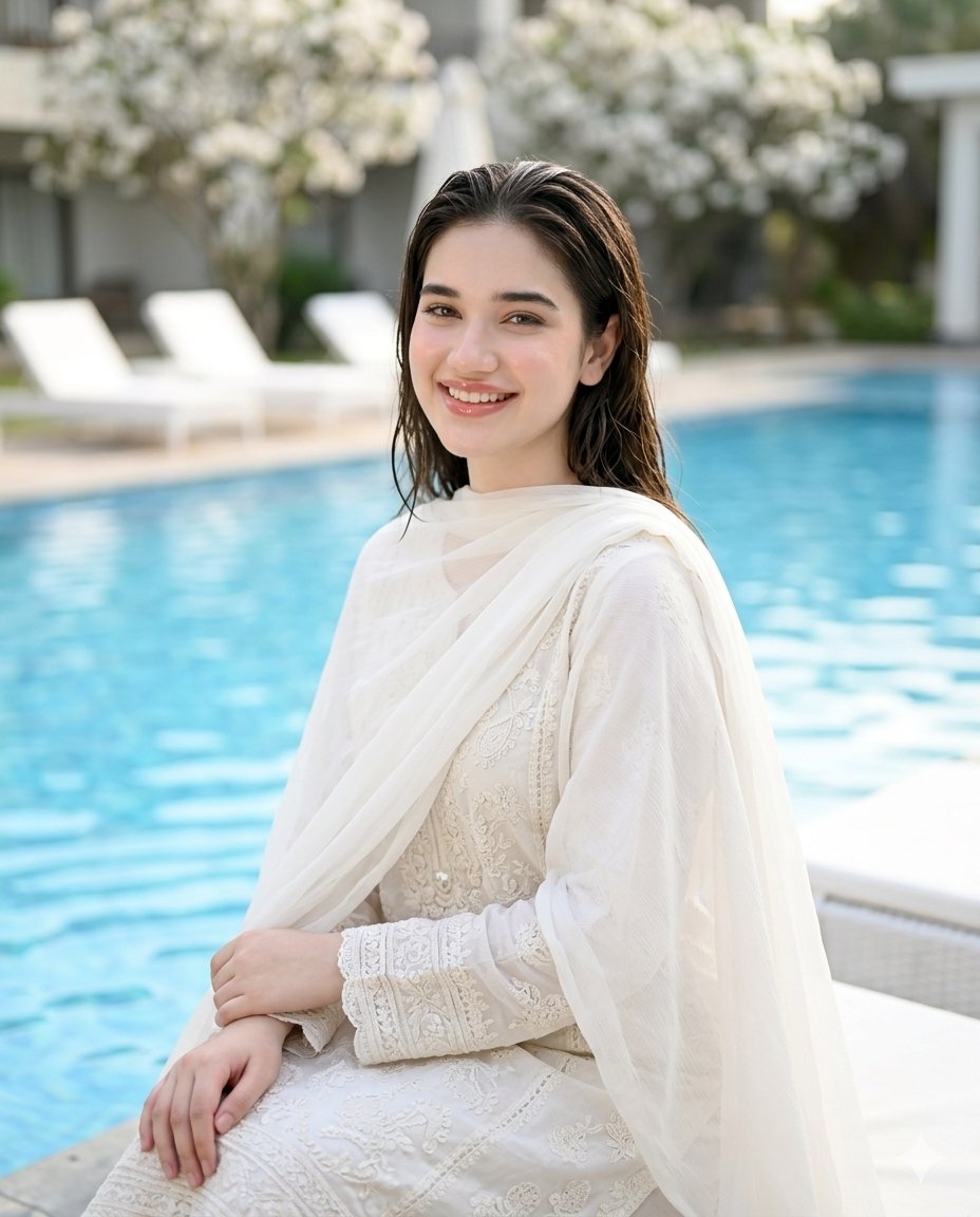 Poolside weißes pakistanisches Modeporträt