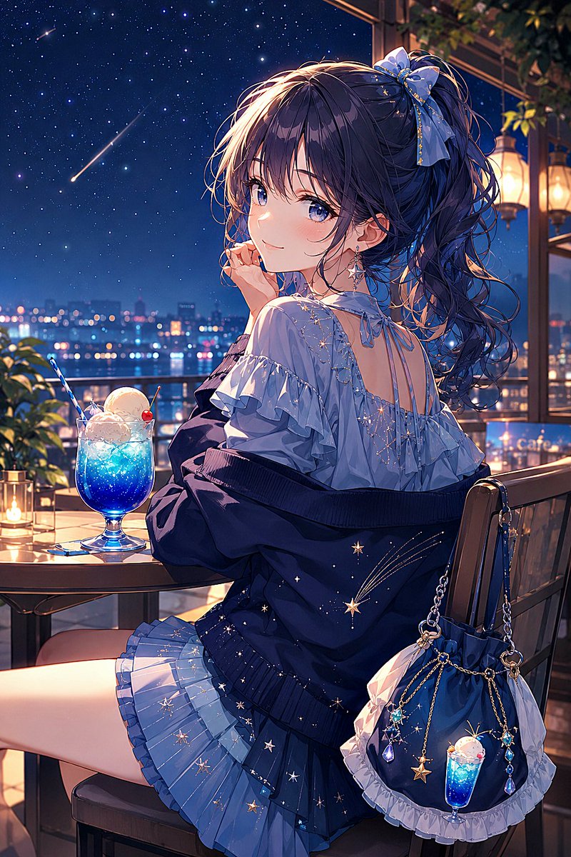 Gece Gökyüzü Gazlı İçecek Anime Kafe Kızı
