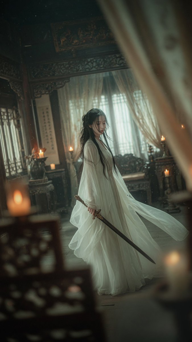 Cinematic Wuxia Swordswoman in Candlelit Chamber (1/3)
