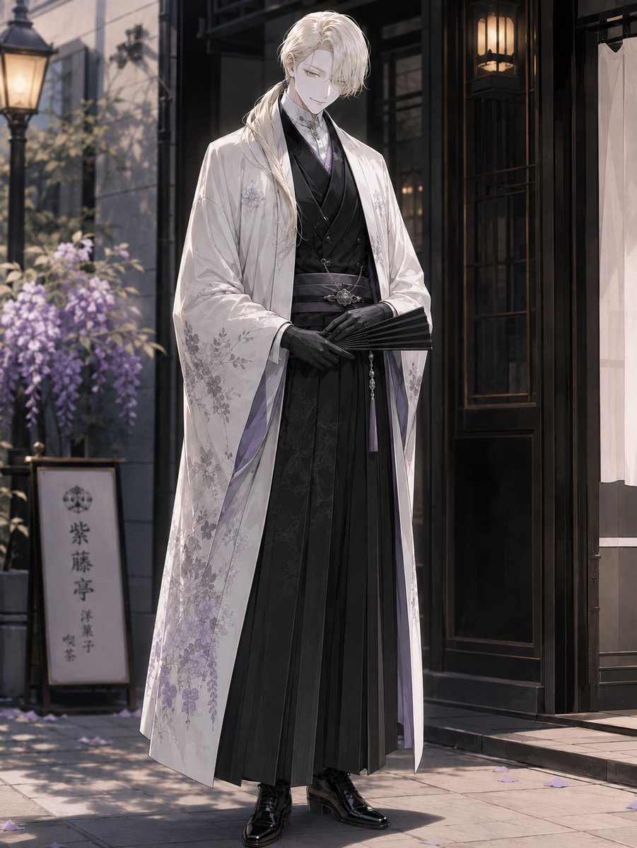 Elegante uomo in kimono in pasticceria
