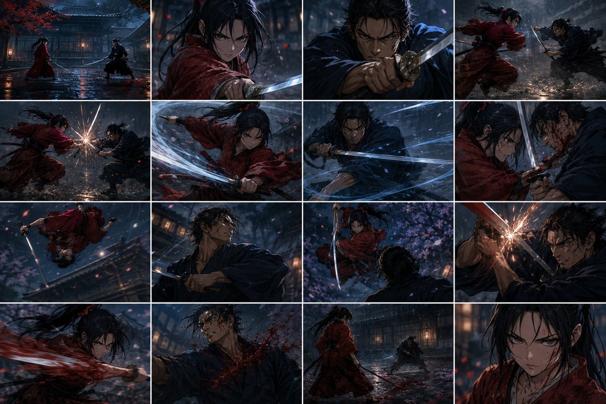 Regnerisches Samurai-Duell-Storyboard