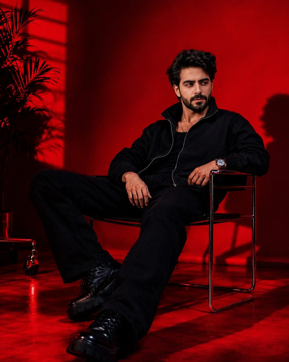 Portrait dramatique en studio rouge