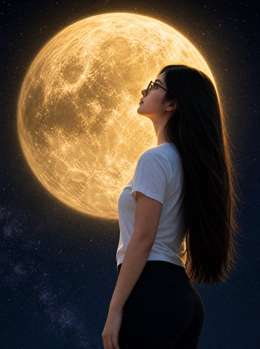 Woman Gazing at Giant Golden Moon