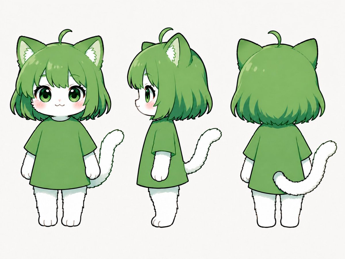 Grünes Chibi Katzenmädchen Rundumansicht