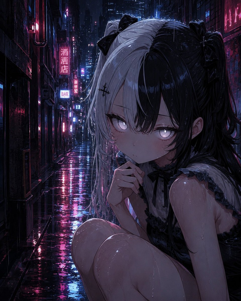 Chica Gótica de Anime en Callejón Lluvioso