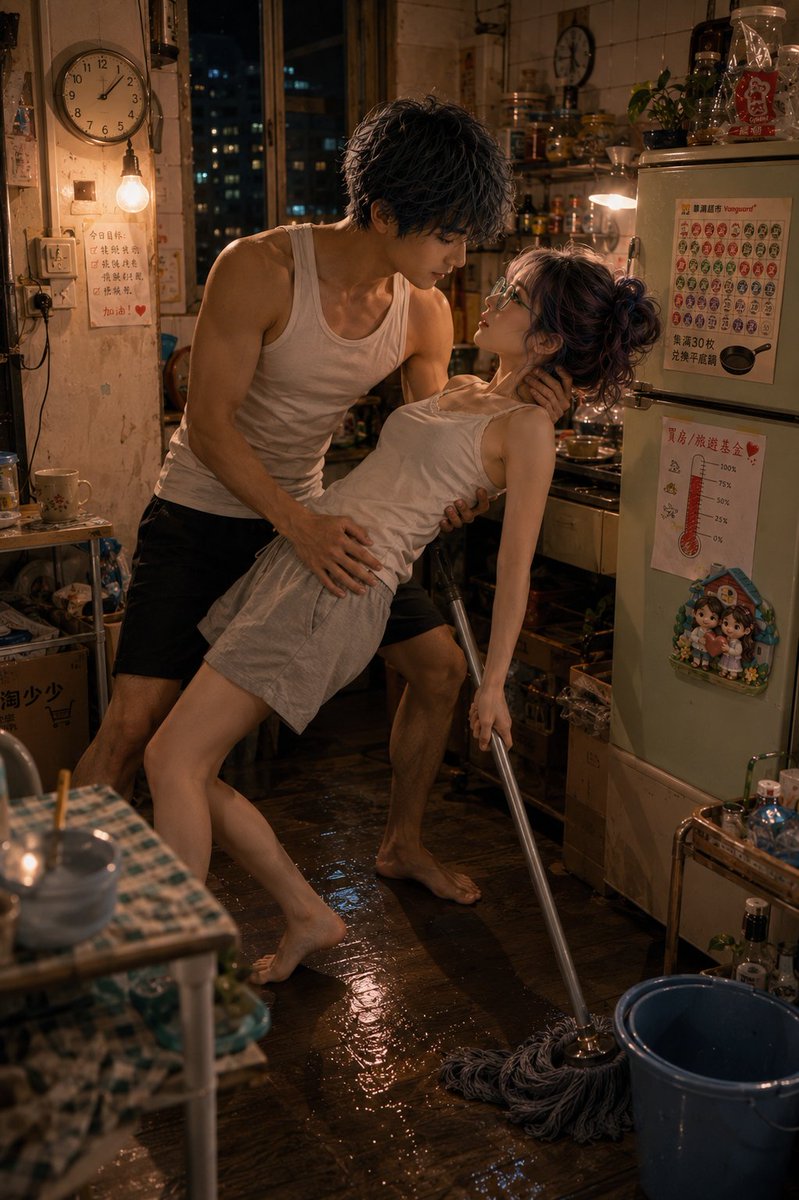 Romantic Mopping Slip in Rental Kitchen (1/2)