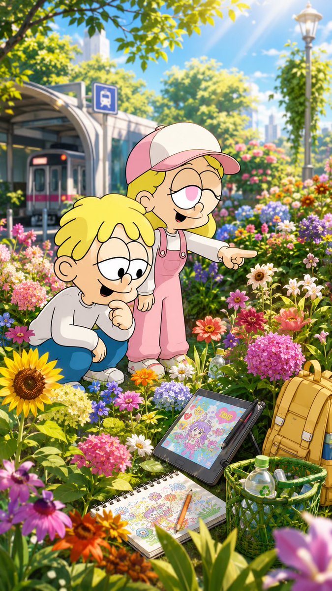 Kinder entdecken Blumen im Anime-Garten