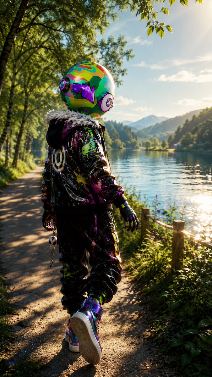 Neon Robot Yürüyücü Dağ Gölü Kenarında