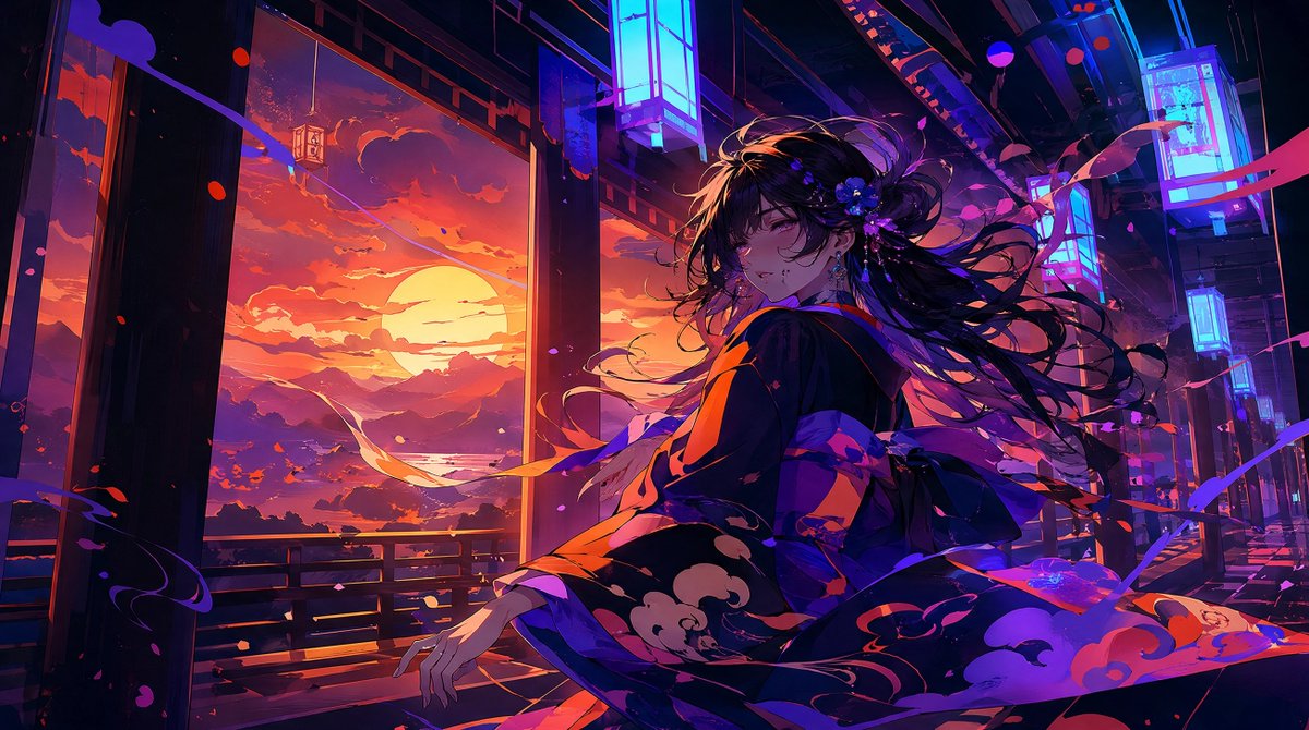 Neon-Sonnenuntergang Kimono-Mädchen
