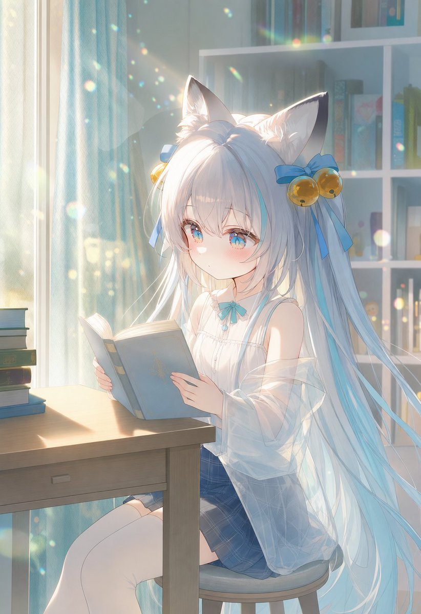 Sonnenbeschienenes katzenohriges Mädchen beim Lesen
