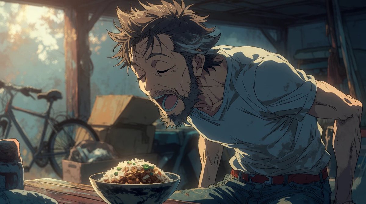 Hombre Hambriento en Garaje Iluminado por el Sol